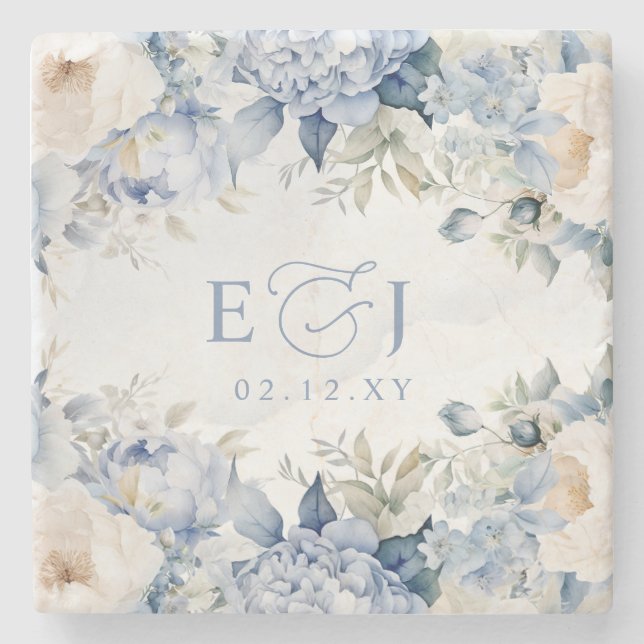 Elegant Modern Botanical Dusty Blue Floral Wedding Stone Coaster (Front)