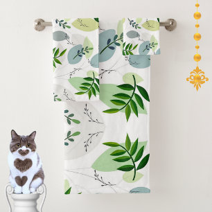 Elegant, Modern Botanical Garden Leaves on White Bath Towel Set