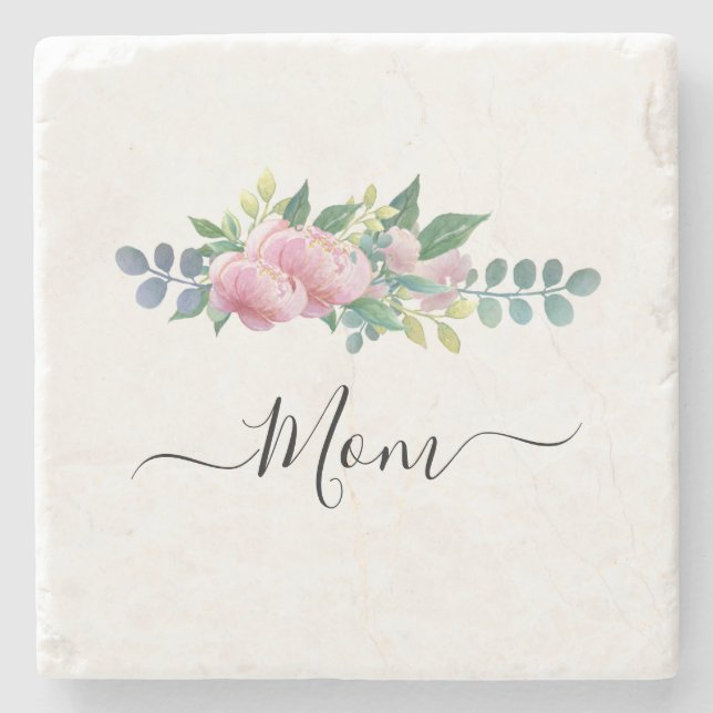 Elegant Modern Botanical Green Pink Flower Mum Stone Coaster (Front)