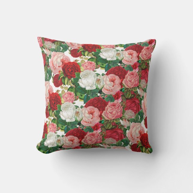 Elegant Modern Botanical Green Red Burgundy Flower Cushion (Front)
