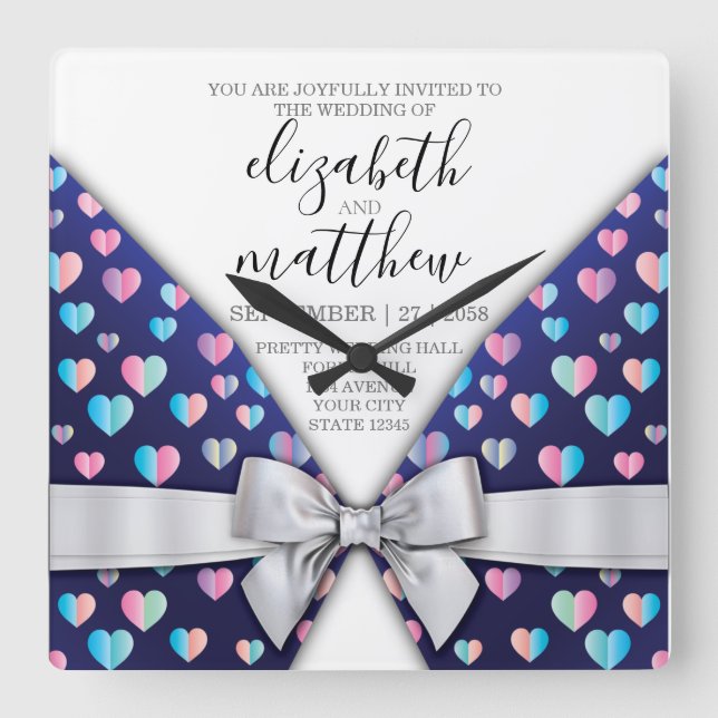 Elegant Modern Bow and Heart Speckles Design Square Wall Clock (Front)