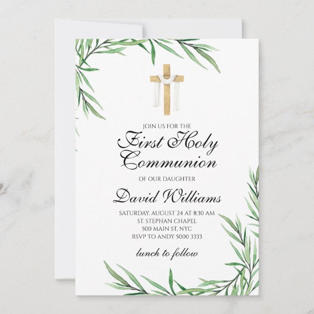 Elegant Modern Boy First Holy Communion Greenery Invitation (Front)