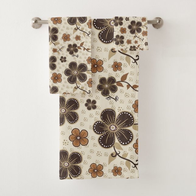 Elegant, Modern Brown Flower Pattern on Beige Bath Towel Set (Insitu)