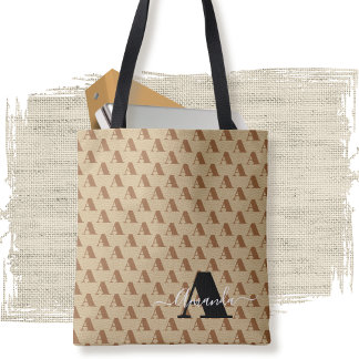 Elegant Modern Brown White Black Monogram Script Tote Bag