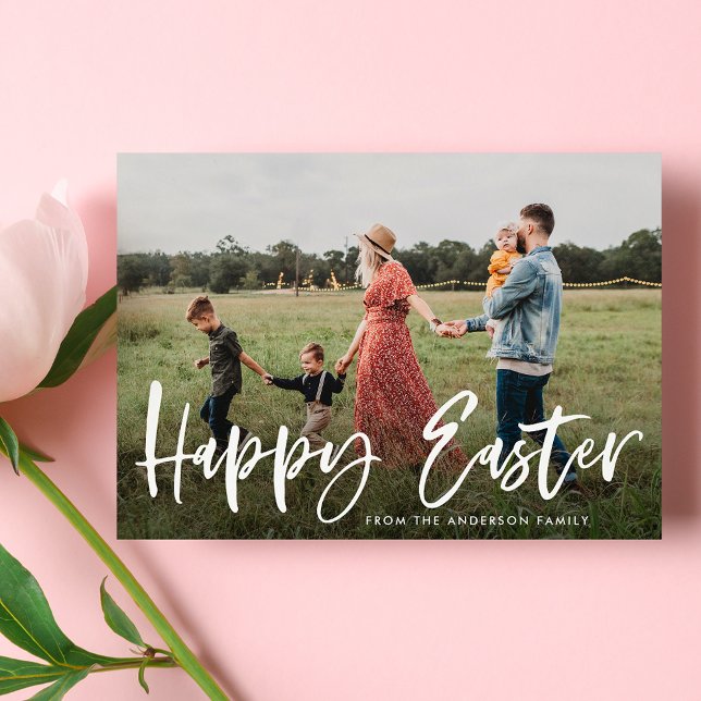 Elegant Modern Brush Script Happy Easter Photo Holiday Card (Creator Uploaded)