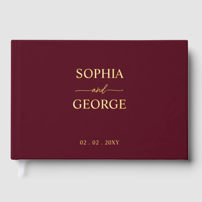 Elegant Modern Burgundy and Gold Wedding Guest Book (Front)