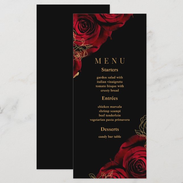 Elegant  Modern Burgundy Black Gold Wedding Menu (Front/Back)