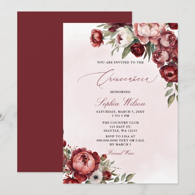 Elegant Modern Burgundy Blush Floral Quinceañera  Invitation (Front/Back)