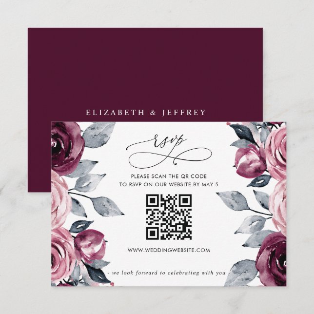 Elegant Modern Burgundy Floral QR CODE RSVP Card (Front/Back)