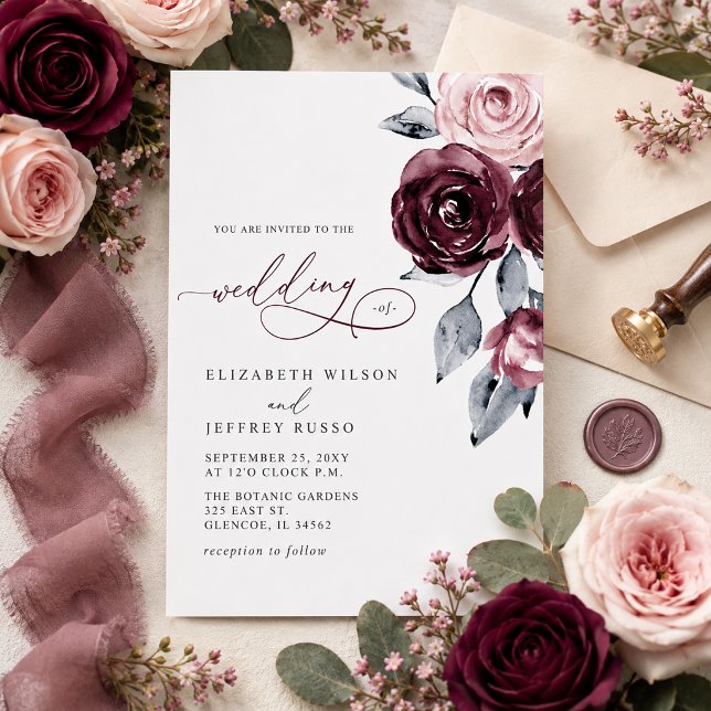 Elegant Modern Burgundy Floral Wedding Invitation (Elegant Modern Burgundy Floral Wedding Invitation)