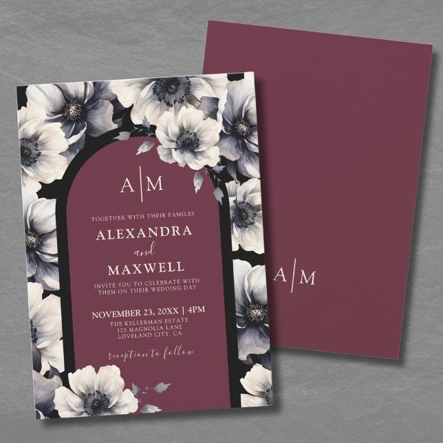Elegant Modern Burgundy Floral Wedding Invitation (Elegant Modern Burgundy Black Floral Wedding Invitation)