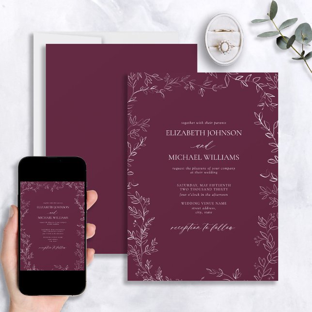 Elegant Modern Burgundy Minimal Leaf Wedding Invitation (Creator Uploaded)