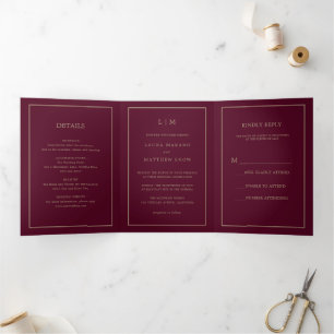 Elegant Modern Burgundy Monogram Simple Wedding Tri-Fold Invitation