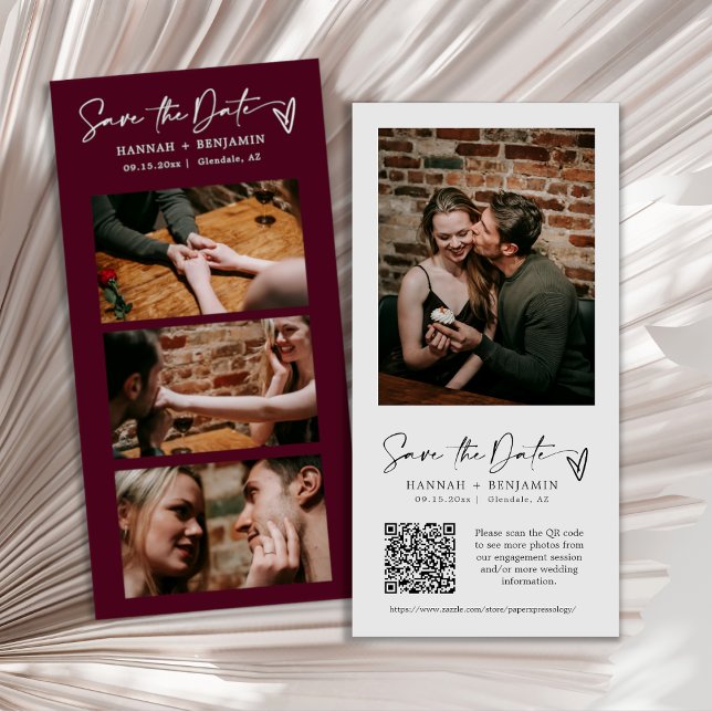 Elegant Modern Burgundy Photo Booth Strip QR Code Save The Date (Creator Uploaded)