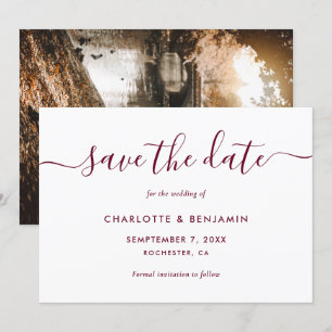 Elegant Modern Burgundy Photo Save The Date Card