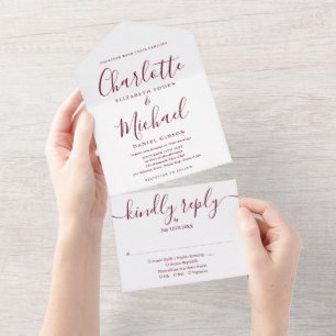 Elegant Modern Burgundy Script Minimalist Wedding All In One Invitation