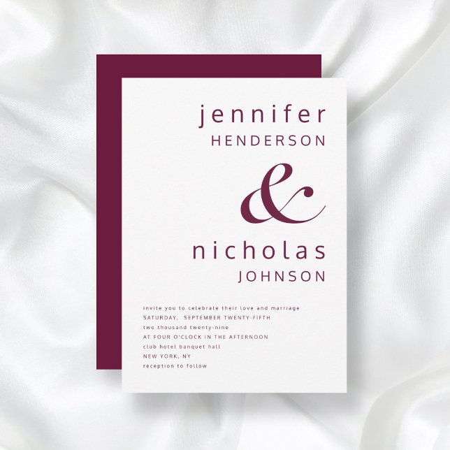 Elegant Modern Burgundy Wedding Invitation (Burgundy Red Simple Minimalist Typography Wedding Invitation)