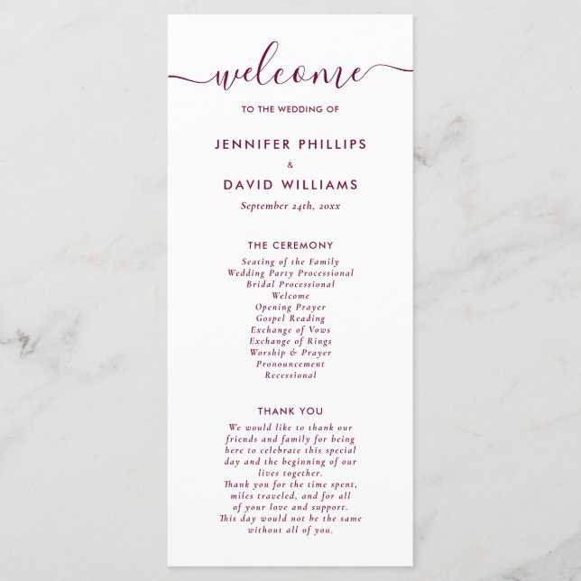Elegant Modern Burgundy Wedding Program Programme (Front)