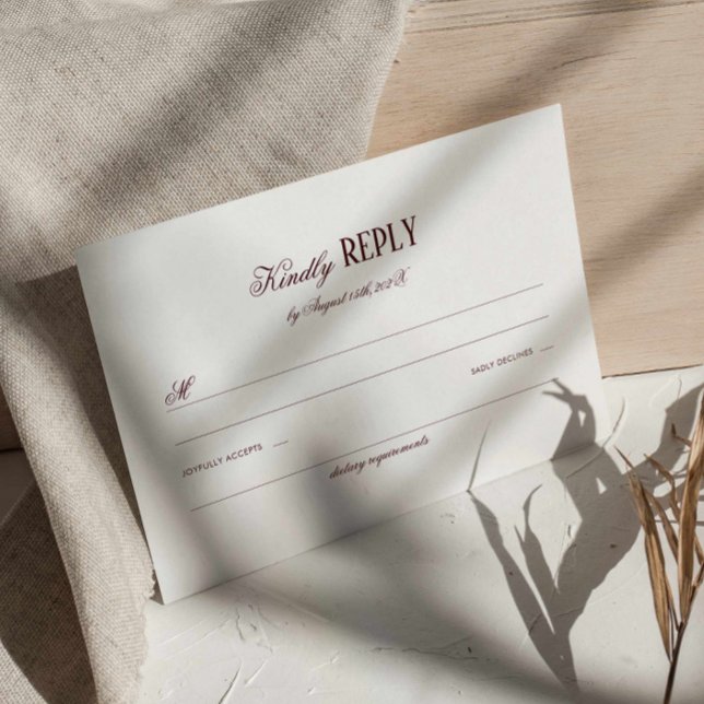 Elegant Modern Burgundy Wedding Respond Enclosure Card (deep red formal wedding response card with dietary requirement, classic burgundy retro wedding rsvp)