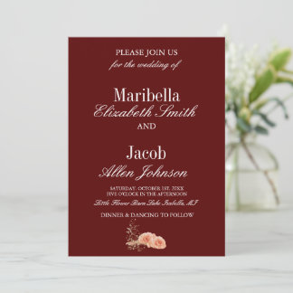 Elegant Modern Burgundy & White Rose Wedding  Invitation