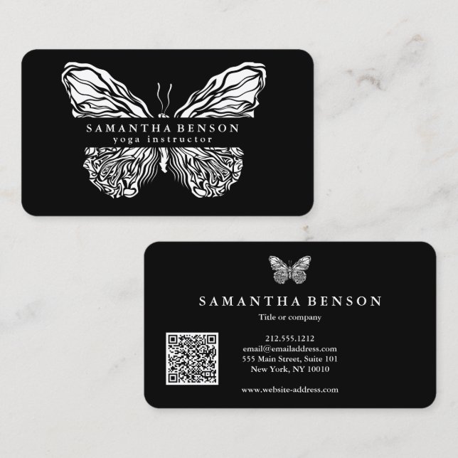 Elegant Modern Butterfly black gold QR code script Business Card (Front/Back)