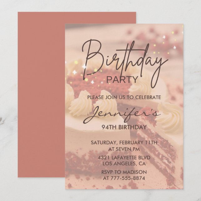 Elegant Modern Cake Sparkle 94th birthday Invitation (Front/Back)