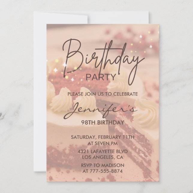 Elegant Modern Cake Sparkle 98th birthday Invitation (Front)
