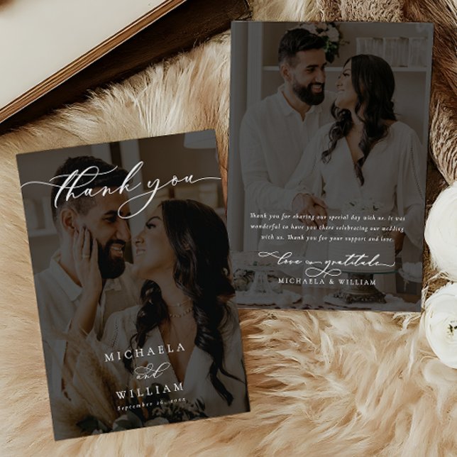 Elegant Modern Calligraphy 2-Photo Wedding Thank You Card (Creator Uploaded)