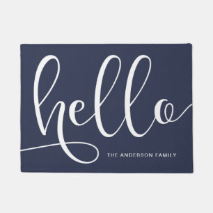Elegant modern calligraphy black & navy blue hello doormat