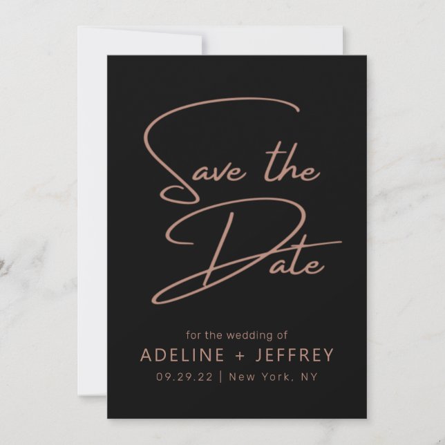 Elegant Modern Calligraphy Black Rose Gold Wedding Save The Date (Front)