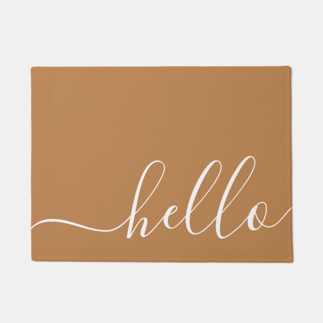 Elegant modern calligraphy brown & white hello doormat (Front)