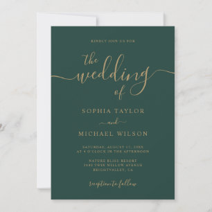 Elegant Modern Calligraphy Emerald & Gold Wedding Invitation