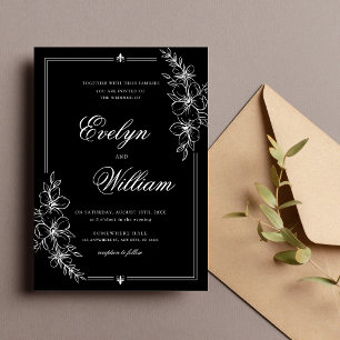 Elegant Modern Calligraphy Floral Black Wedding Invitation