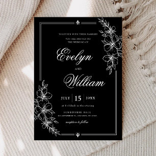 Elegant Modern Calligraphy Floral Black Wedding Invitation