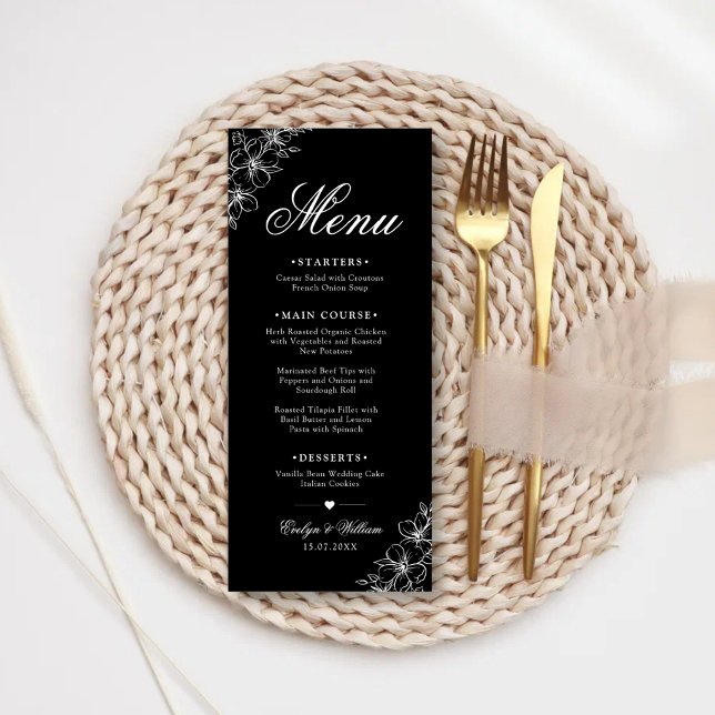 Elegant Modern Calligraphy Floral Black Wedding Menu (Elegant black floral wedding menu with modern calligraphy and timeless elegance.)