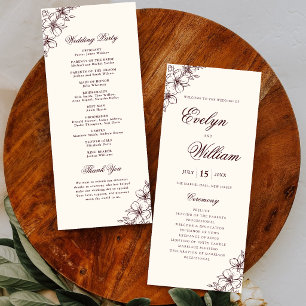 Elegant Modern Calligraphy Floral Burgundy Wedding Programme