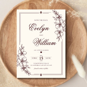 Elegant Modern Calligraphy Floral Burgundy Wedding Save The Date