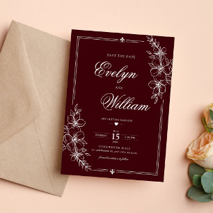 Elegant Modern Calligraphy Floral Burgundy Wedding Save The Date