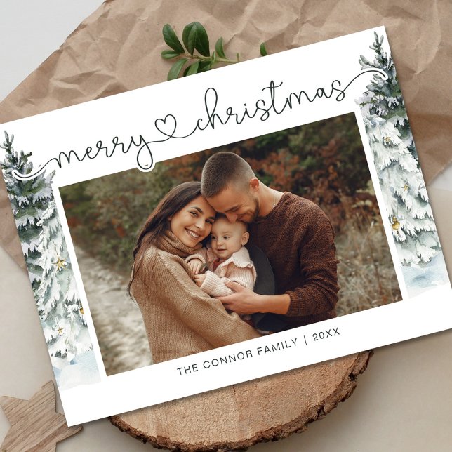Elegant Modern Calligraphy Merry Christmas Photo Postcard (Creator Uploaded)
