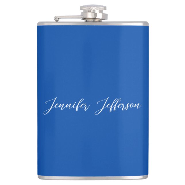 Elegant Modern Calligraphy Name Professional Blue Hip Flask (Front)