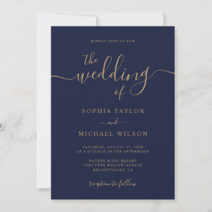 Elegant Modern Calligraphy Navy & Gold Wedding Invitation