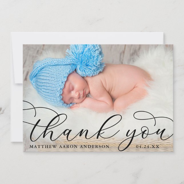 Elegant Modern Calligraphy New Baby Photo B Thank You Card (Front)