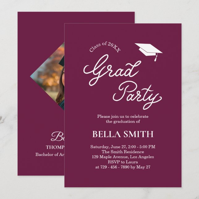 Elegant Modern Calligraphy Photo Graduation Party Invitation (Front/Back)