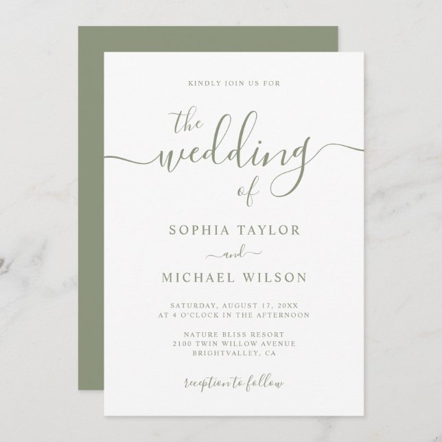 Elegant Modern Calligraphy Sage Green Wedding Invitation (Front/Back)