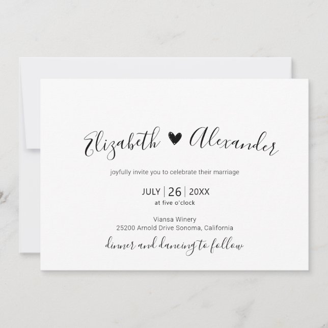 Elegant Modern Calligraphy Script Heart Wedding  Invitation (Front)