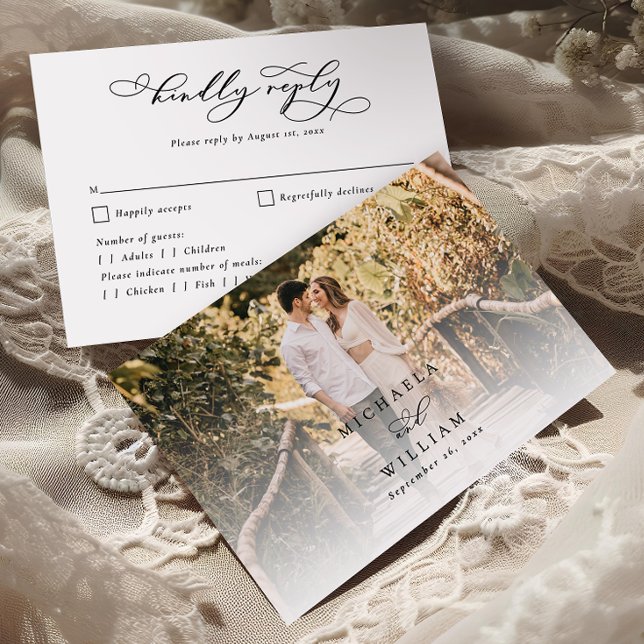 Elegant Modern Calligraphy Script Photo Wedding RSVP Card (Creator Uploaded)