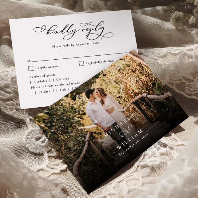 Elegant Modern Calligraphy Script Photo Wedding RSVP Card (Creator Uploaded)