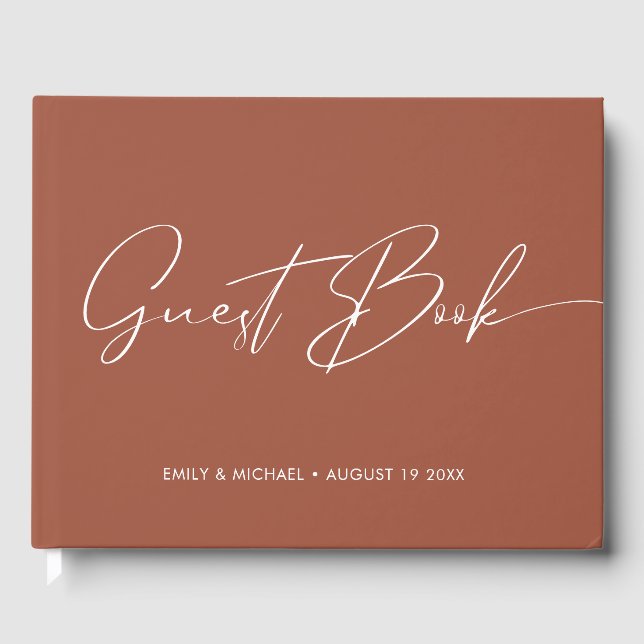 Elegant Modern Calligraphy Terracotta Wedding Guest Book (Front)