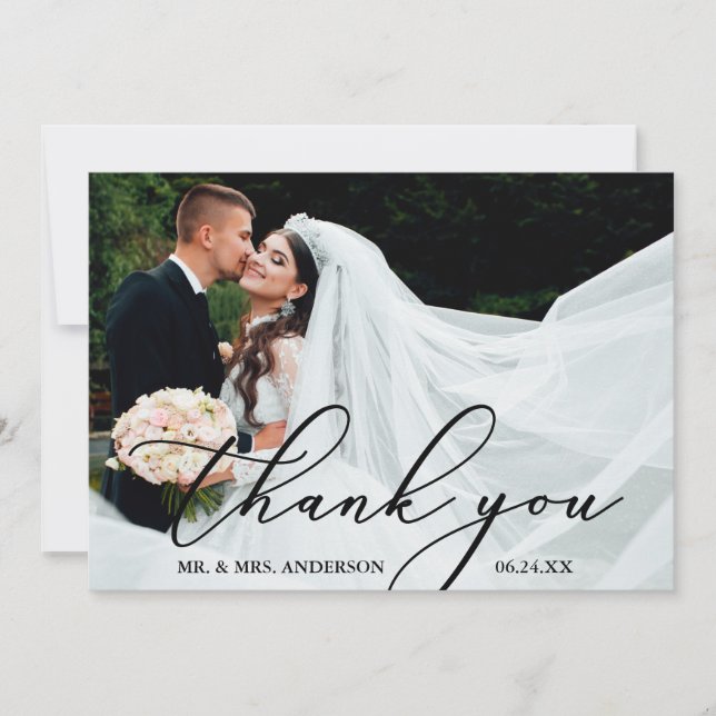 Elegant Modern Calligraphy Thank You Wedding Card (Front)