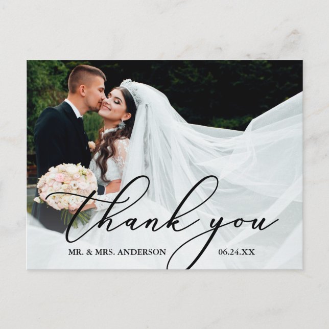 Elegant Modern Calligraphy Thank You Wedding Postcard (Front)